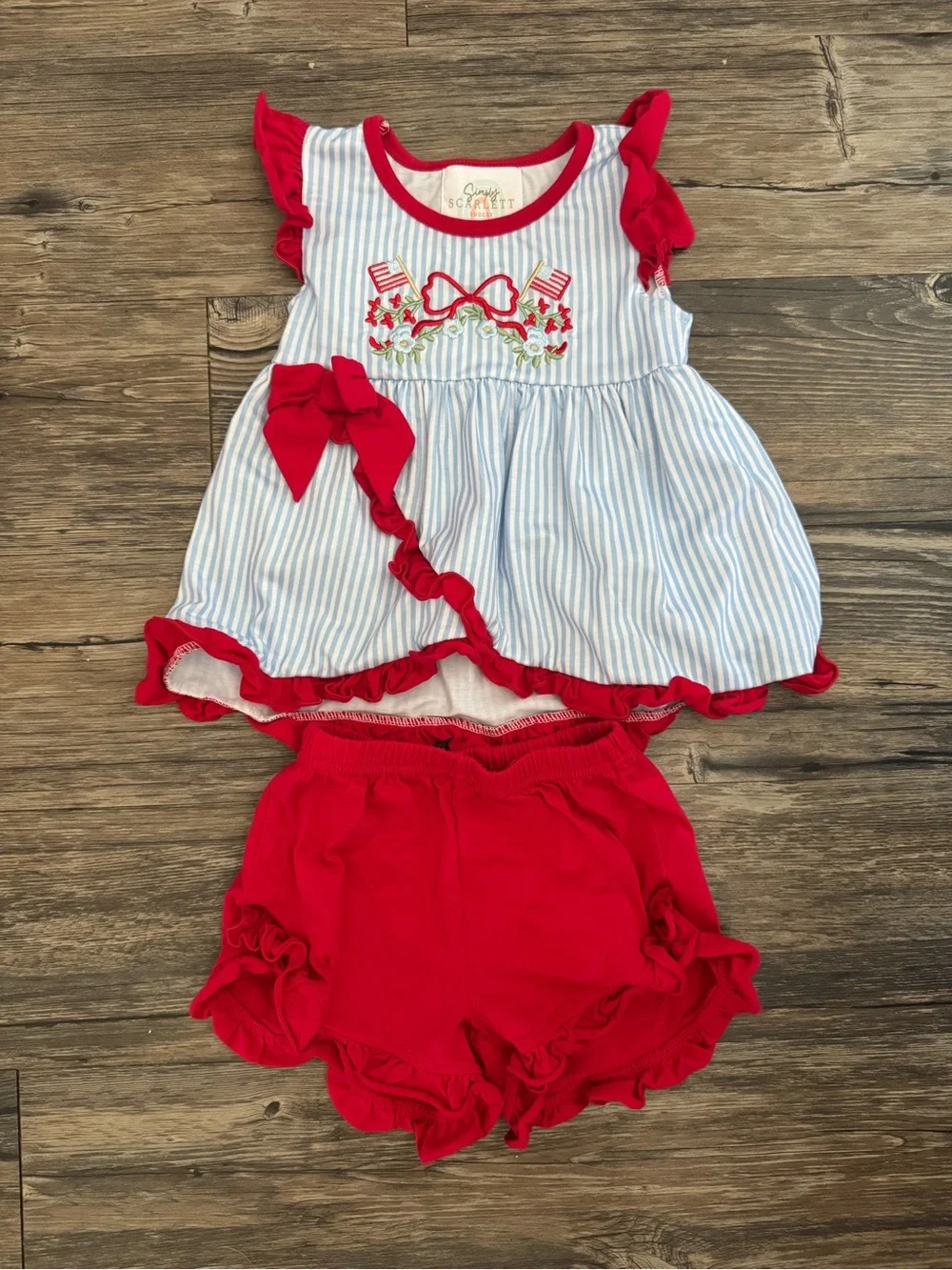 Simply Scarlett Blue & Red Striped Ruffle matching short set with Bow Accent